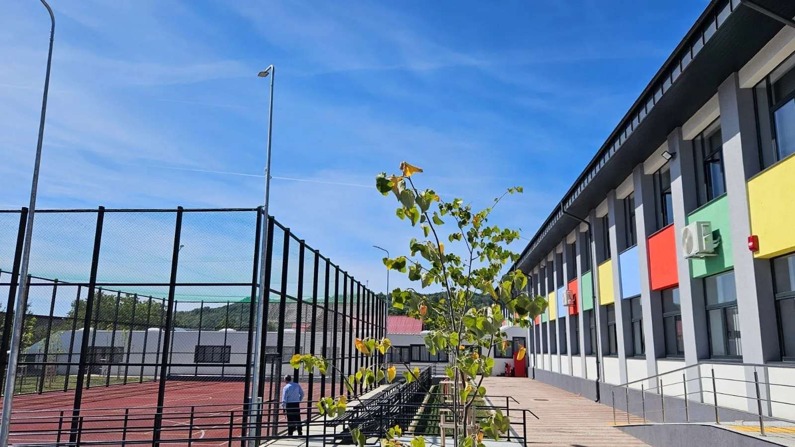 School building with colorful panels on the windows, an outdoor basketball court with a tall black fence, a young tree in the foreground, and a clear blue sky.